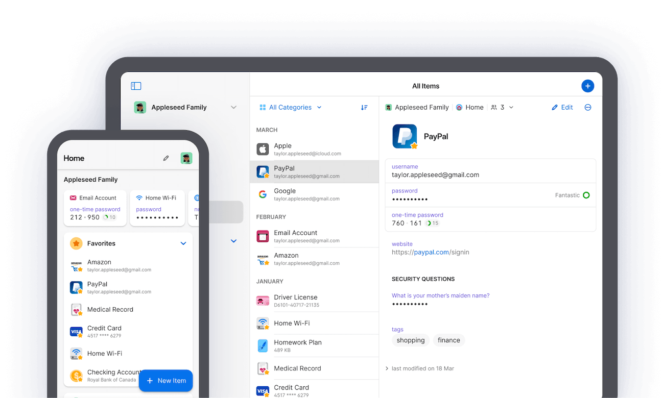 A mobile and a tablet device running the 1Password app.