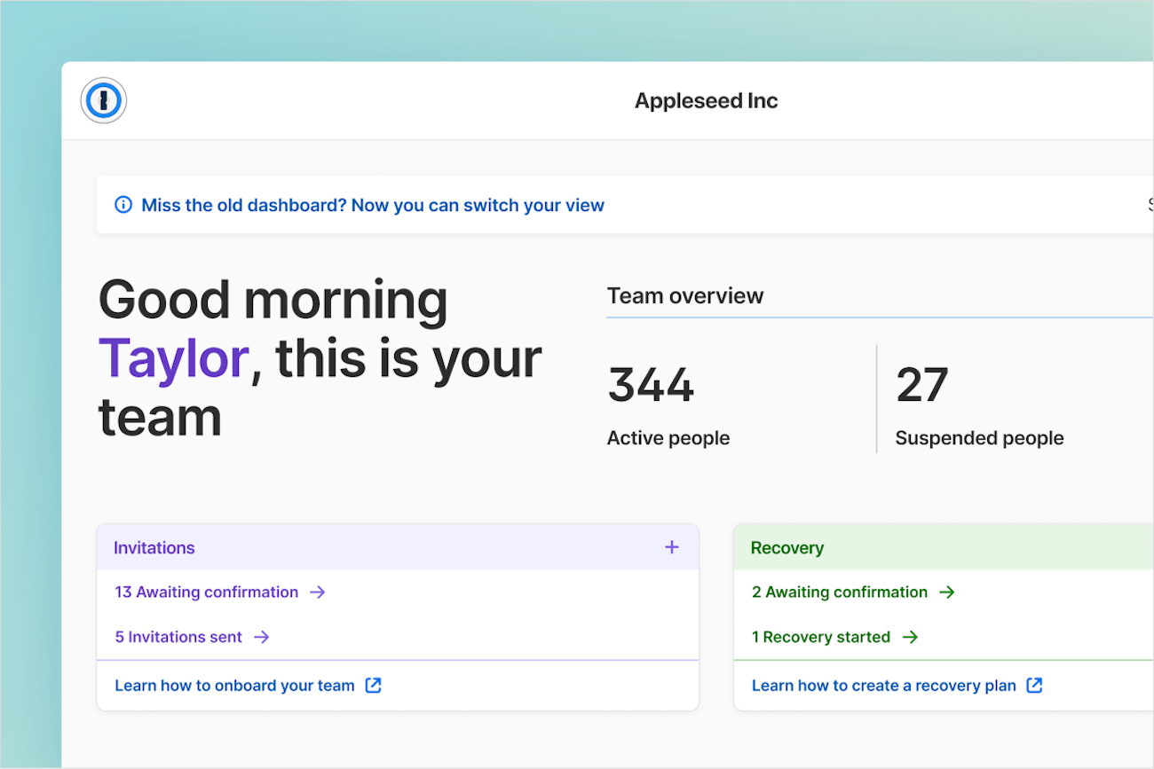A screenshot of 1Password showing an admin's dashboard.