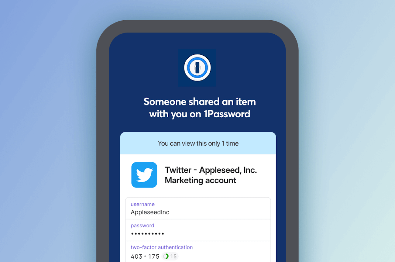 A mobile phone showing a message that someone has shared an item with you via 1Password's item sharing.