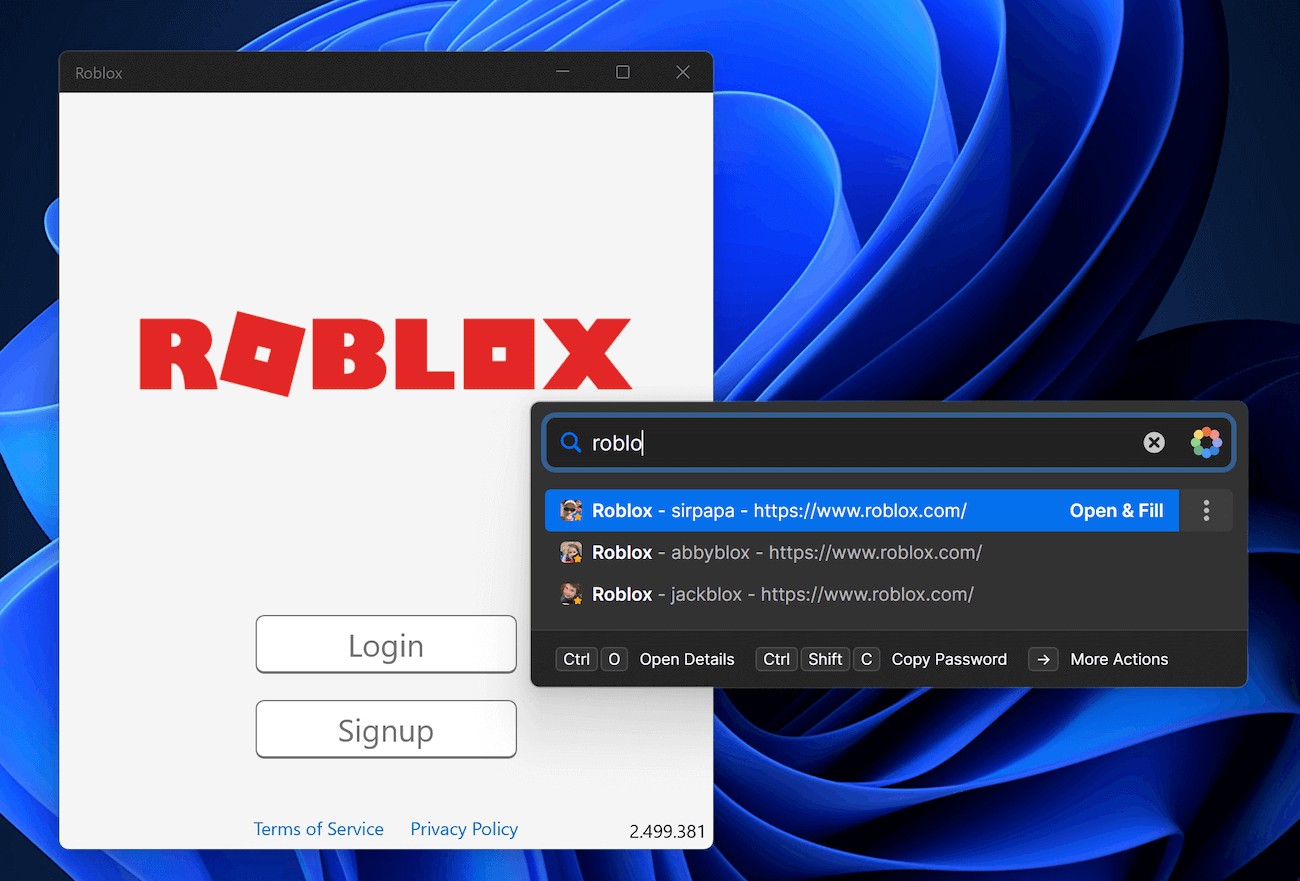 1Password Quick Access opened from within the Roblox app with the matching login suggestions showing