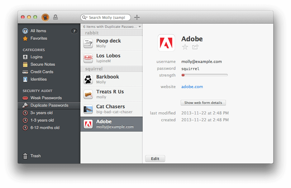 Security Audit in 1Password 4 for Mac, displaying Molly’s duplicate passwords