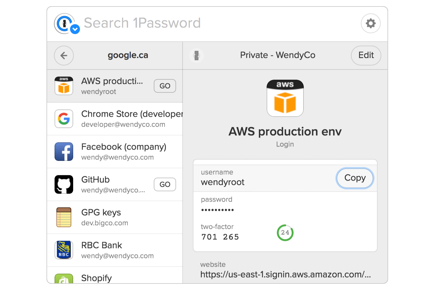 1Password X displaying logins