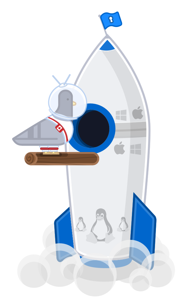 Harold boarding a 1Password X rocket, getting ready to blast off to start a new world.