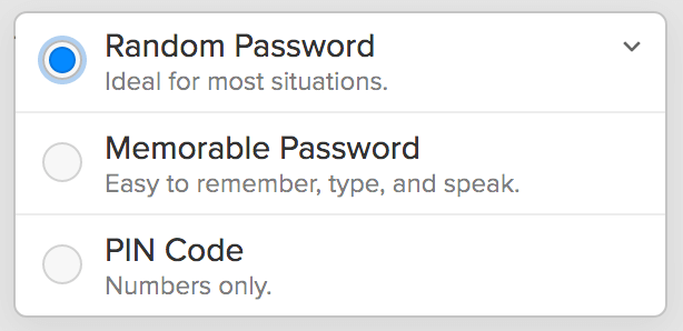 Selecting a password type in 1Password X