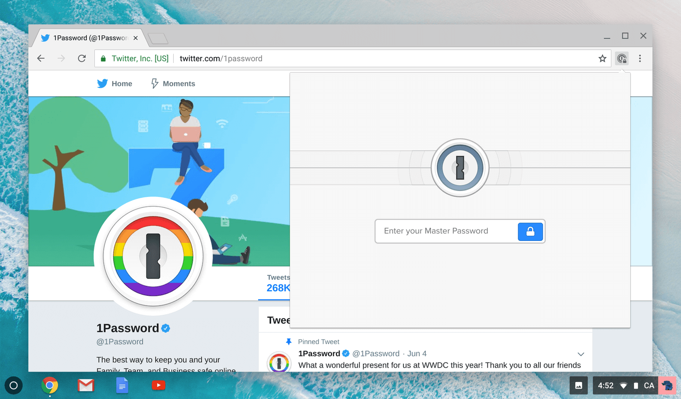 1Password X on a Pixelbook running Chrome OS