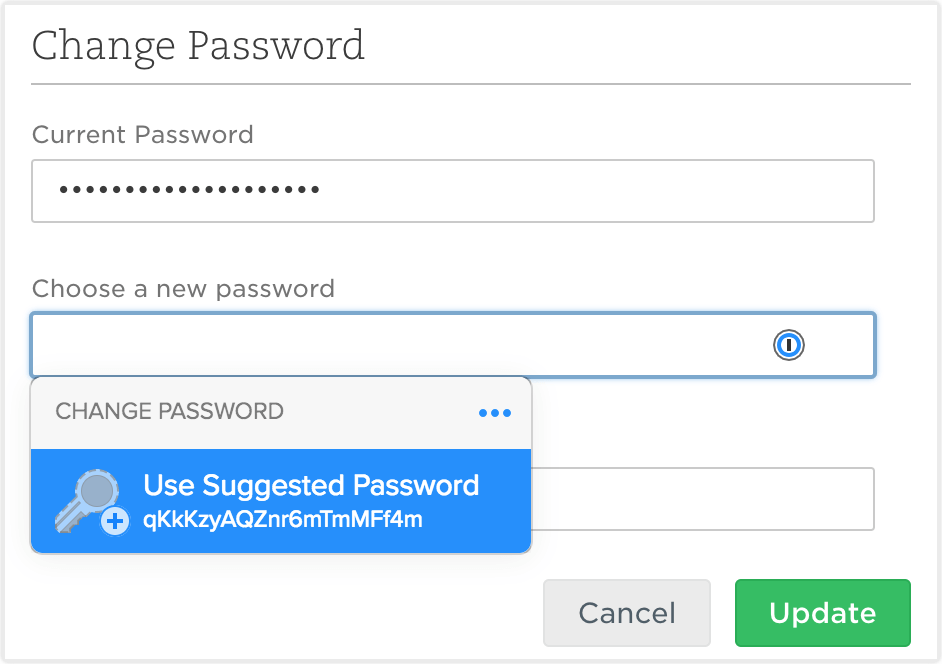 Change password on Evernote with 1Password X automatically suggesting a new password
