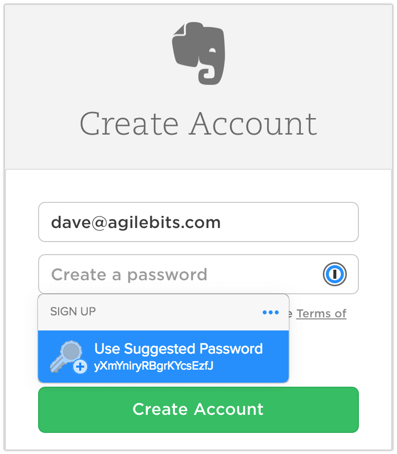 Creating an Evernote account using a Suggested Password