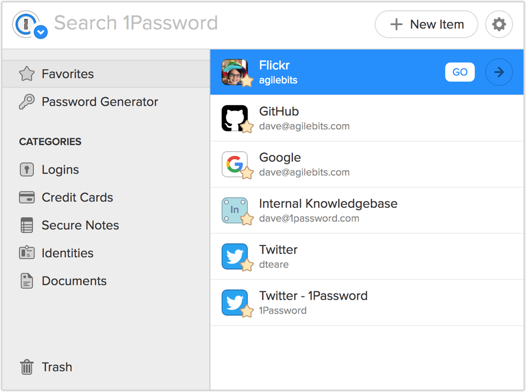 1Password X toolbar popup showing favourite logins along with their fancy new icons