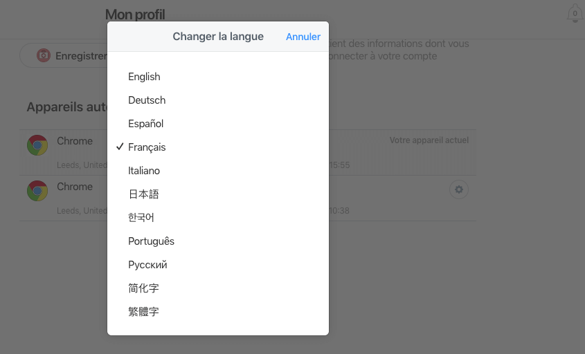 Changing preferred language at 1Password.com