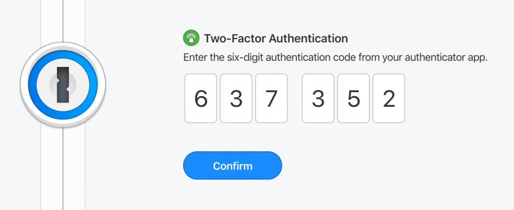 1Password Two Factor Authentication page