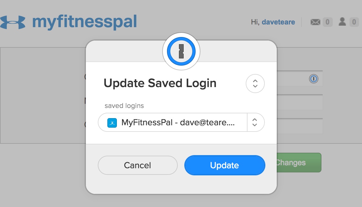A 1Password X update password prompt after changing the password on MyFitnessPal