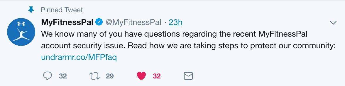 A pinned Tweet from MyFitnessPal announcing their data breach