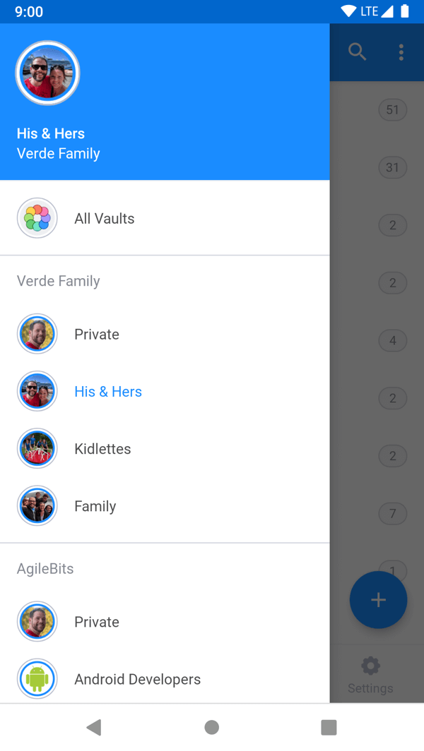 Vault switcher shown in navigation drawer