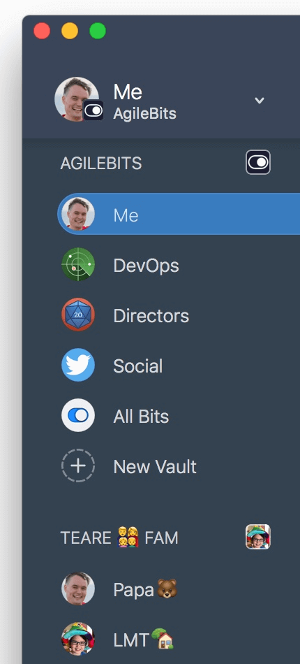 1Password sidebar with vaults revealed