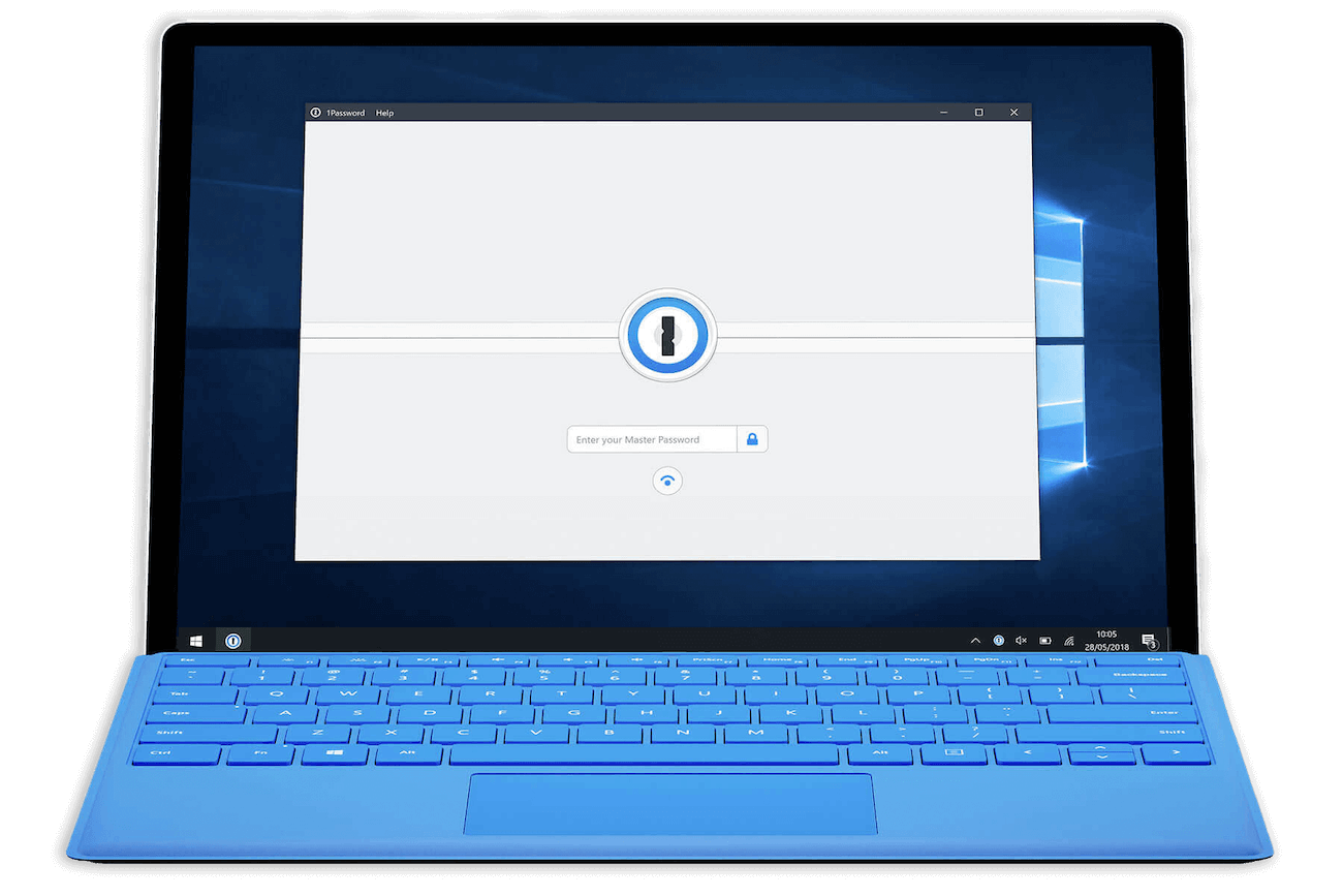 1Password 7 for Windows lock screen asking for your Master Password with a Windows Hello button