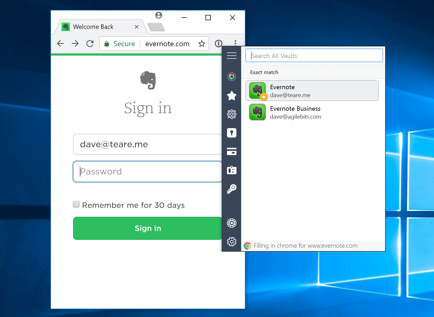 Google Chrome on Evernote.com sign in screen with 1Password mini showing each saved Evernote login