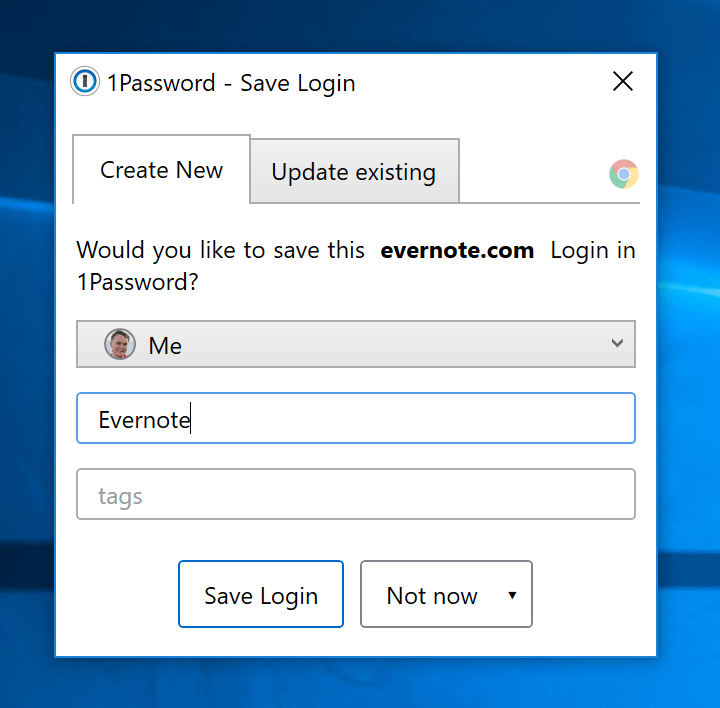 1Password mini prompting to save a login on Evernote.com