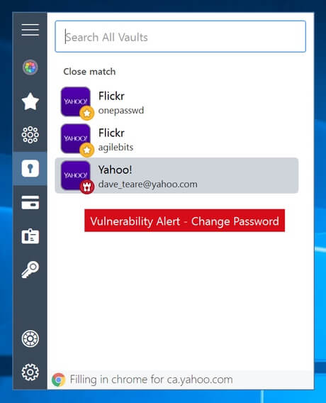 1Password mini showing matching logins for Yahoo; one login has been identified by Watchtower as needing its password changed