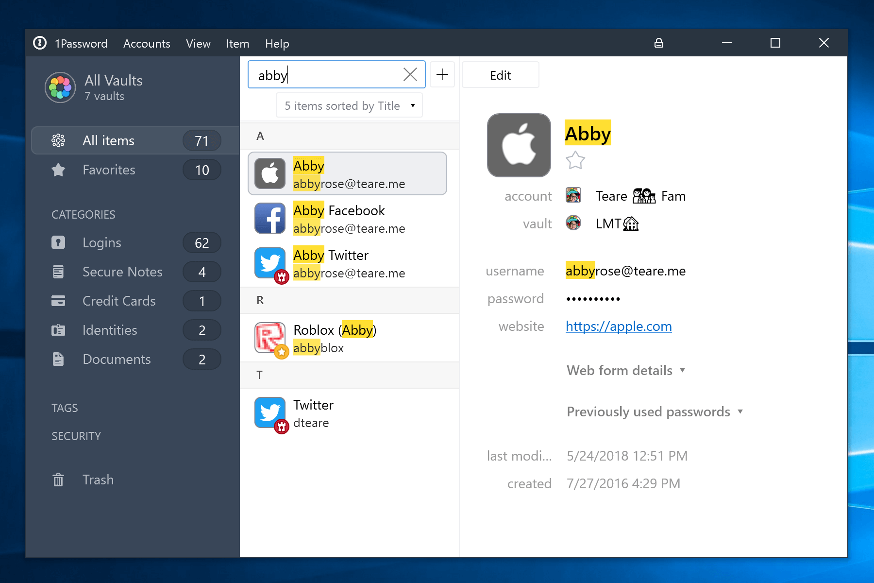 1Password main window during search with highlights