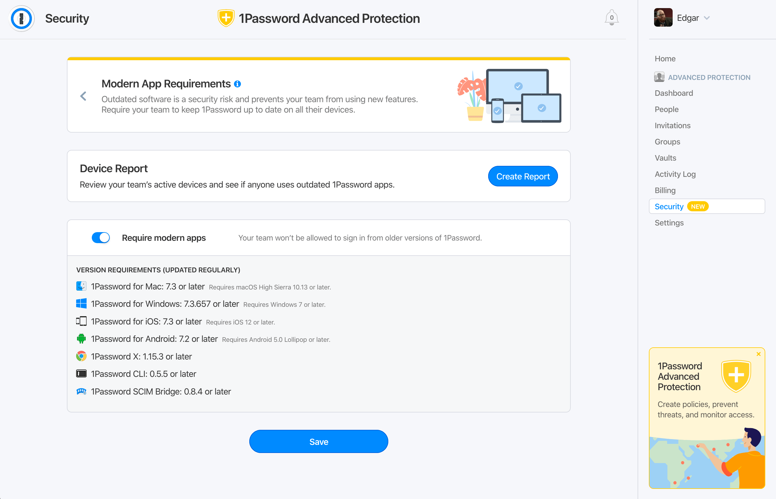 Screenshot of setting modern app requirements 1Password Advanced Protection