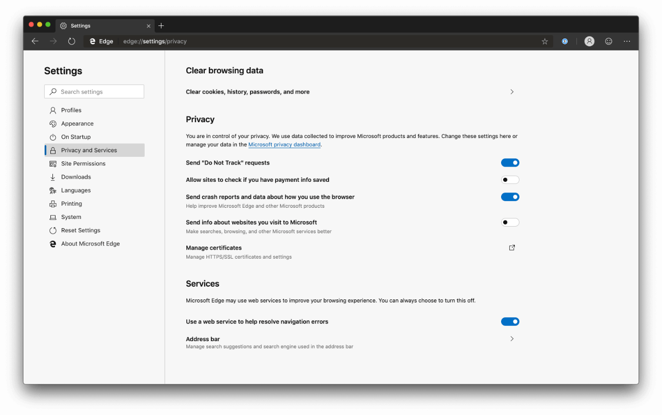 Microsoft Edge Privacy Dashboard - dark mode