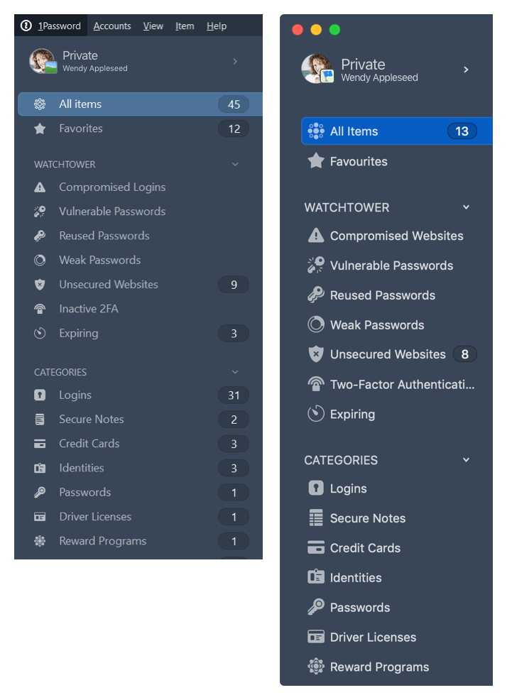 1Password 7 sidebar