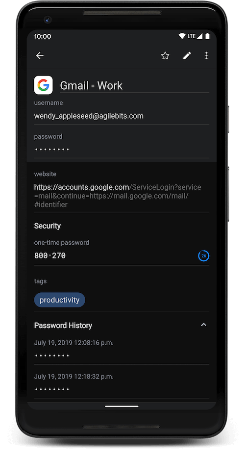 Screenshot showing password history