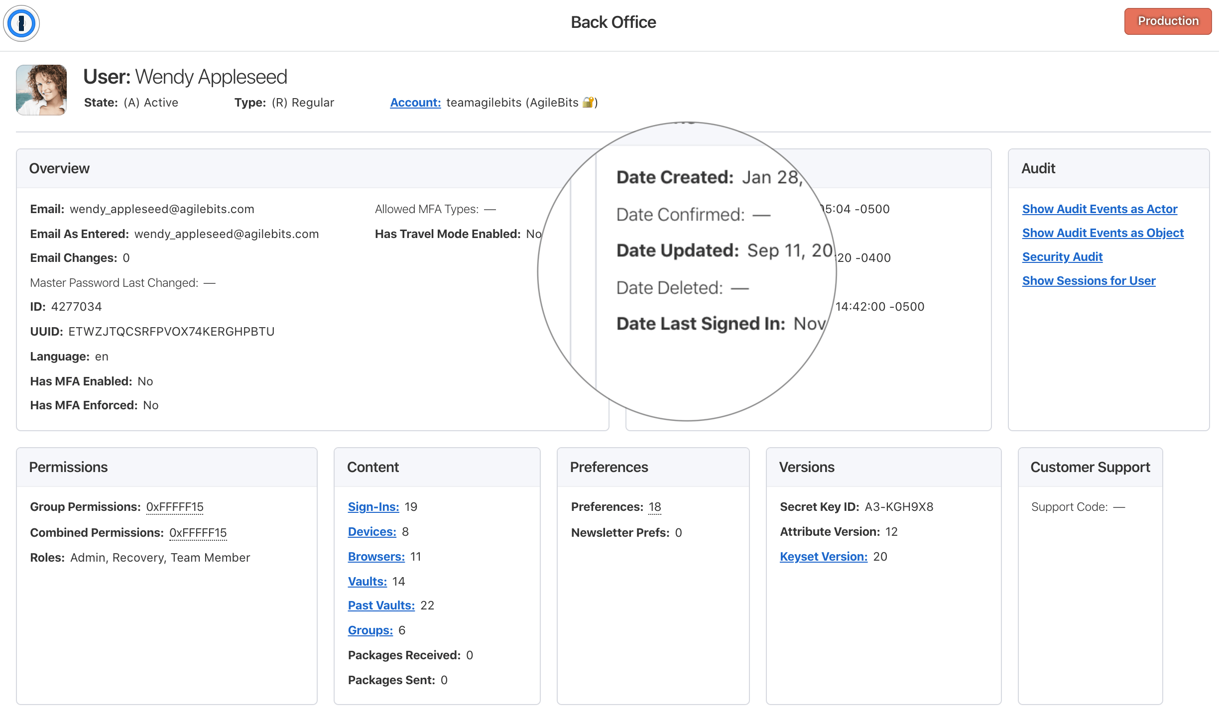 A screenshot of 1Password Back Office transactional items