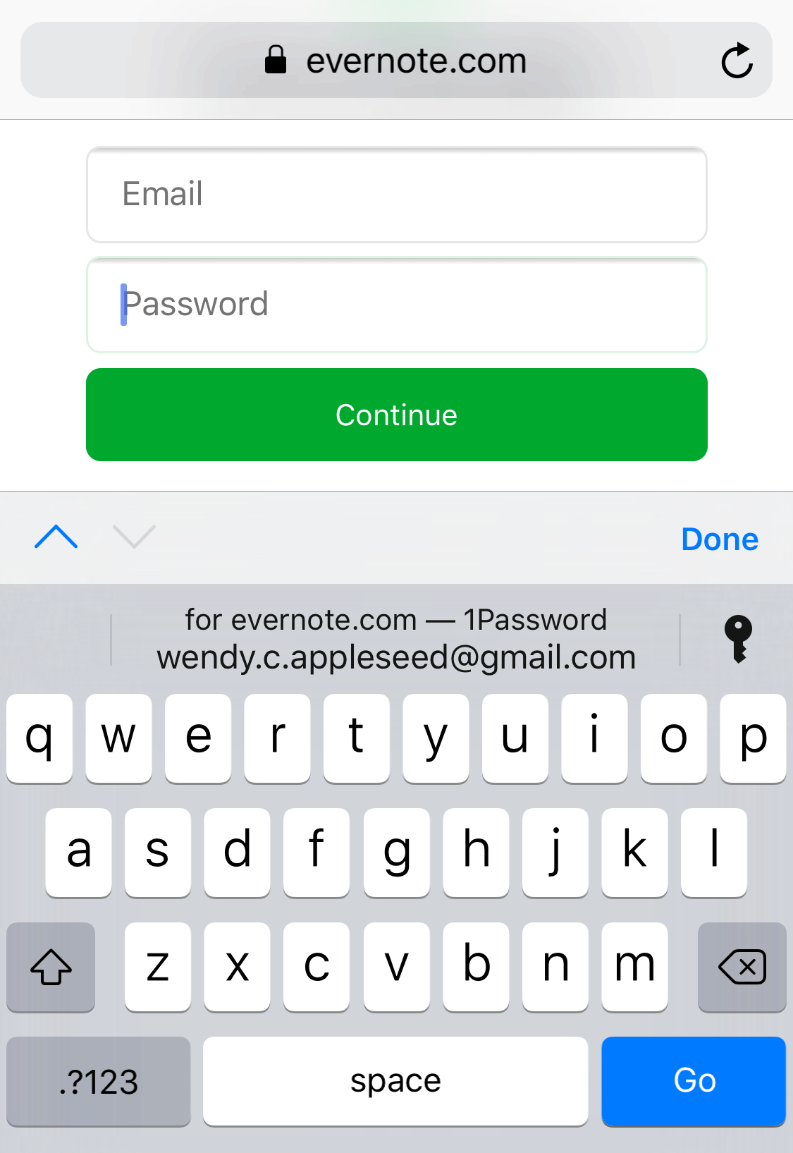 Image showing form fields being filled on evernote.com using iOS keyboard with 1password autofill