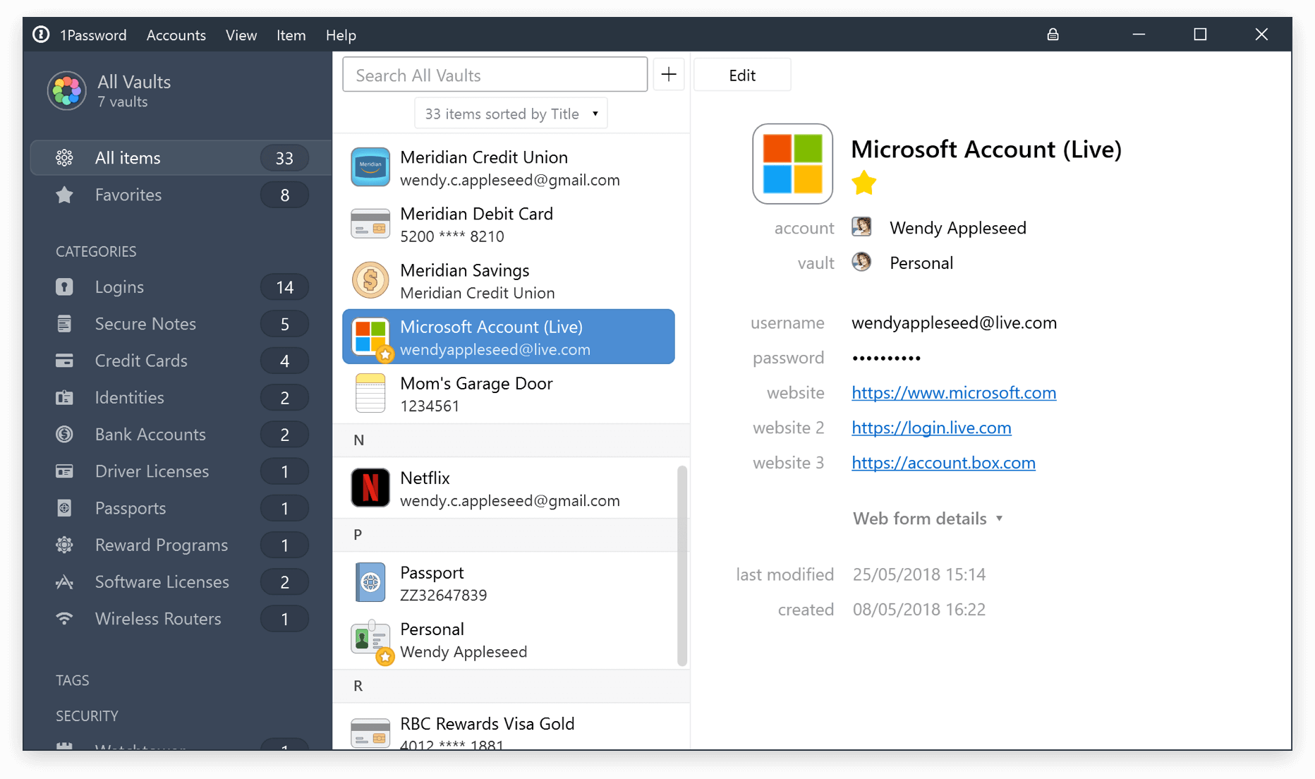 Screenshot of 1Password for Windows showing all items view