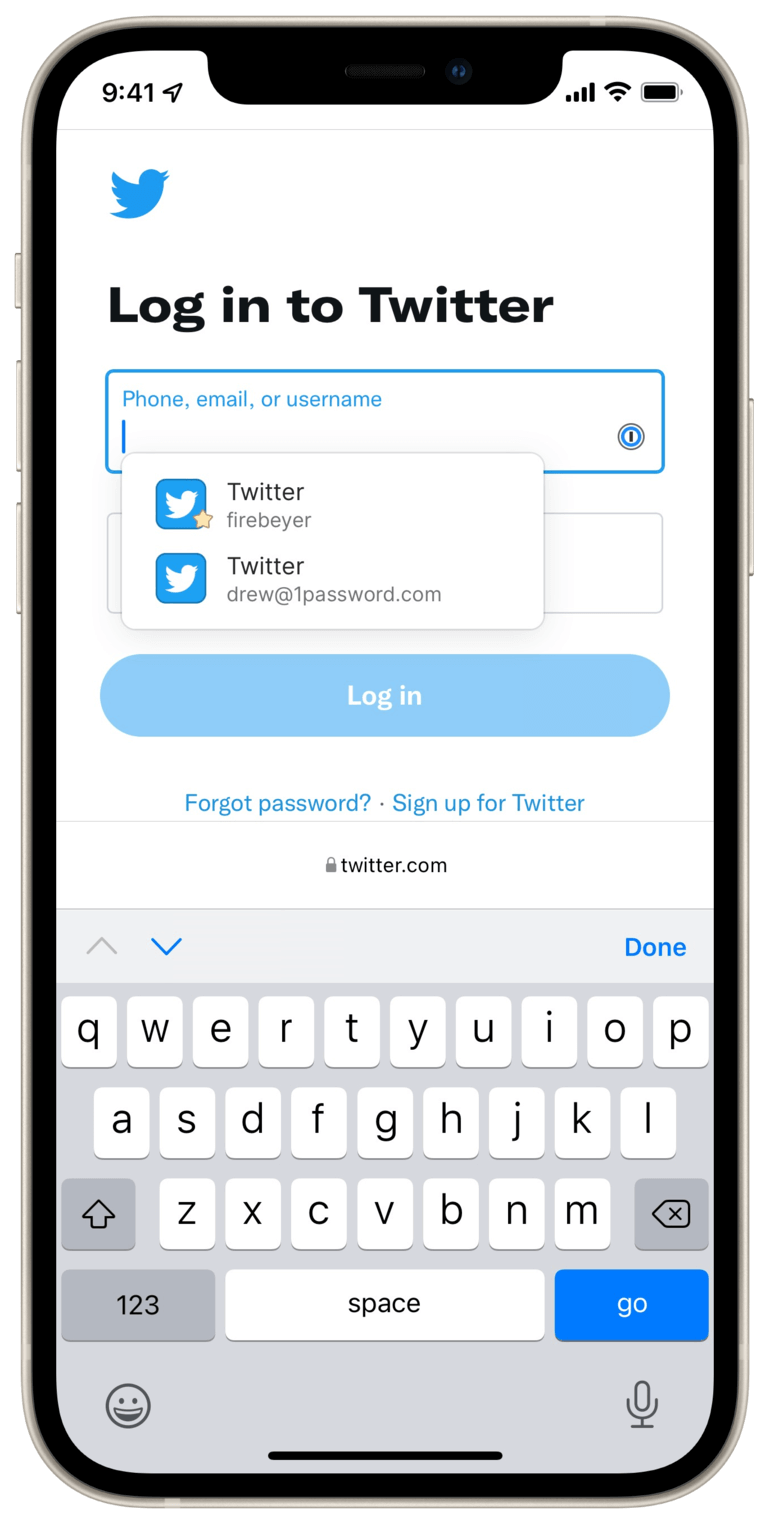 1Password in-page suggestions displayed on Twitter.com
