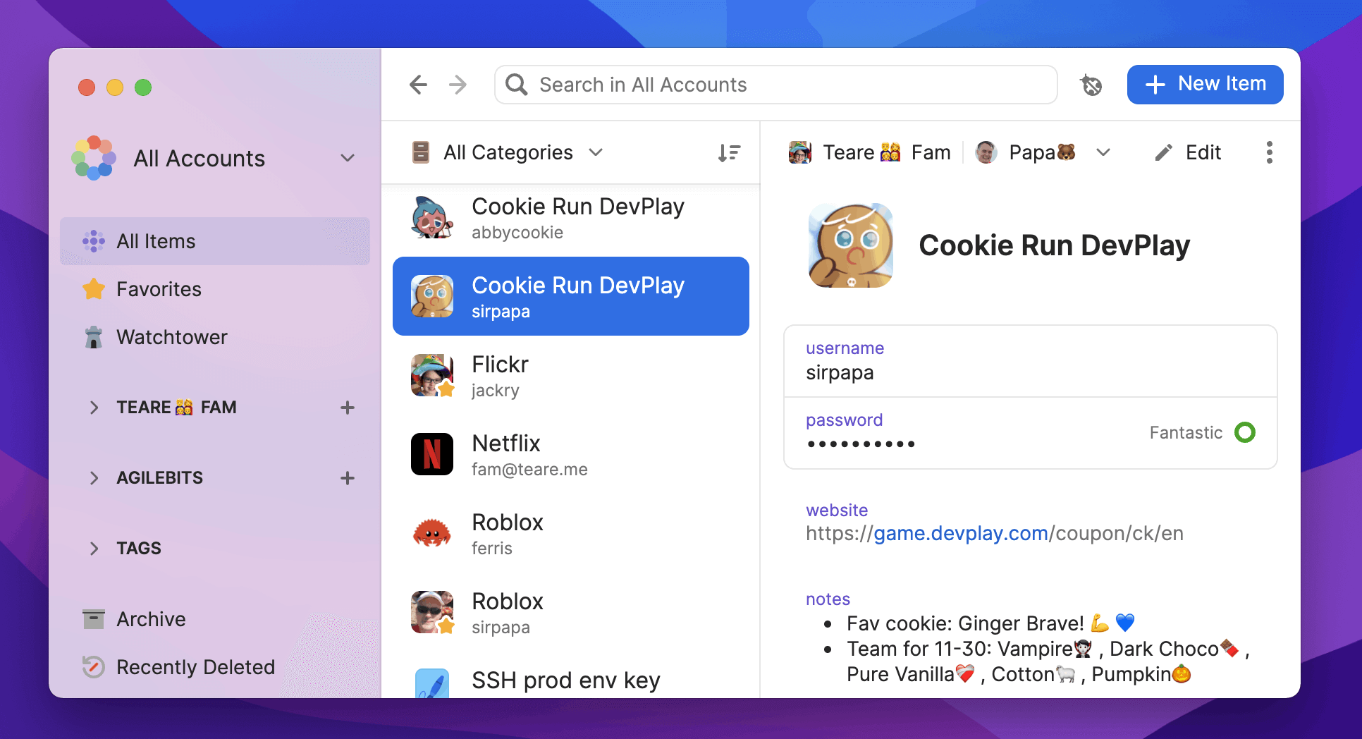 1Password 8 for Mac main app, unlocked, showing my items with my Cookie Run Kingdom login highlighted