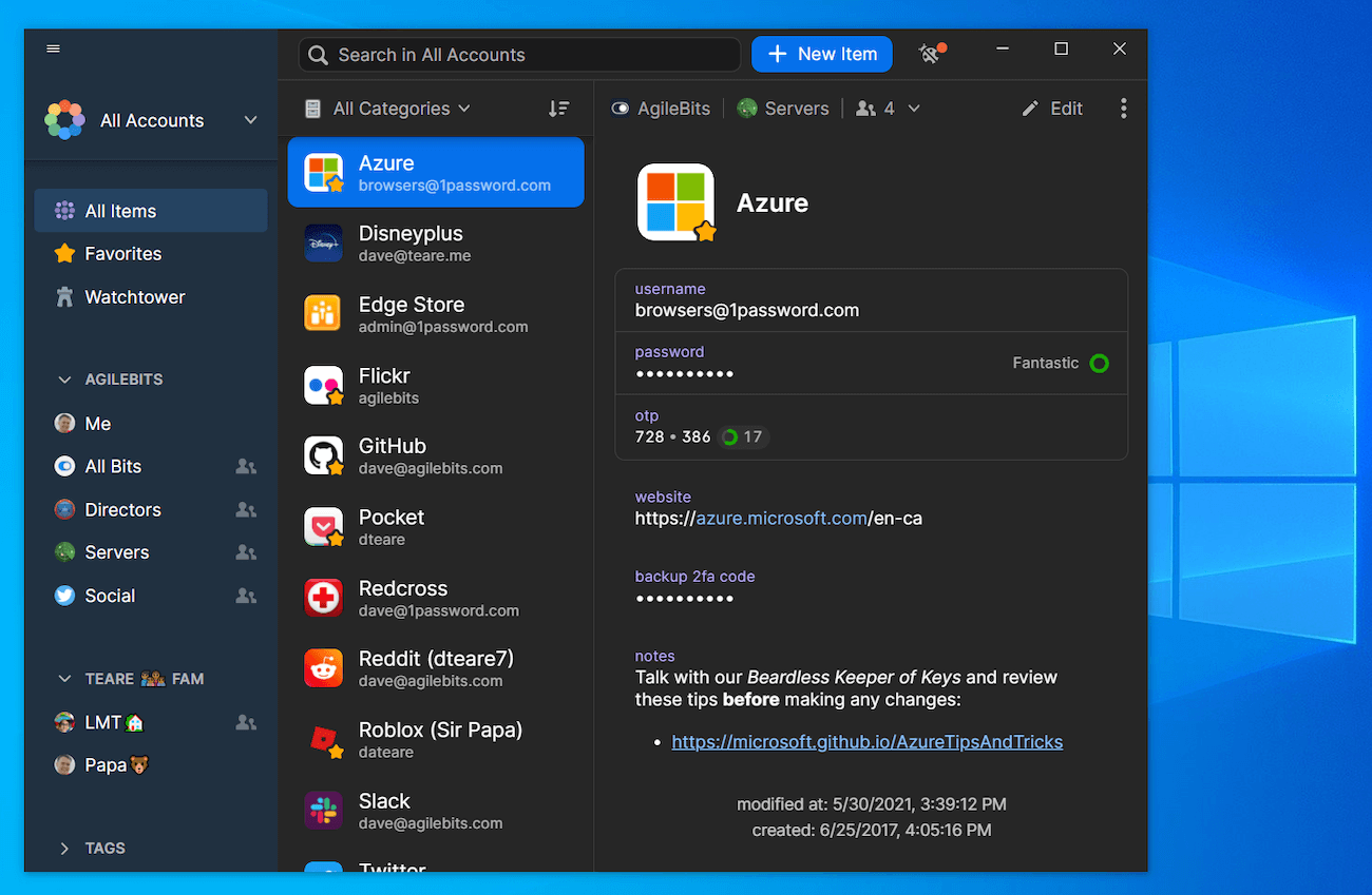 1Password app unlocked on a Windows background showing off its new dark mode design