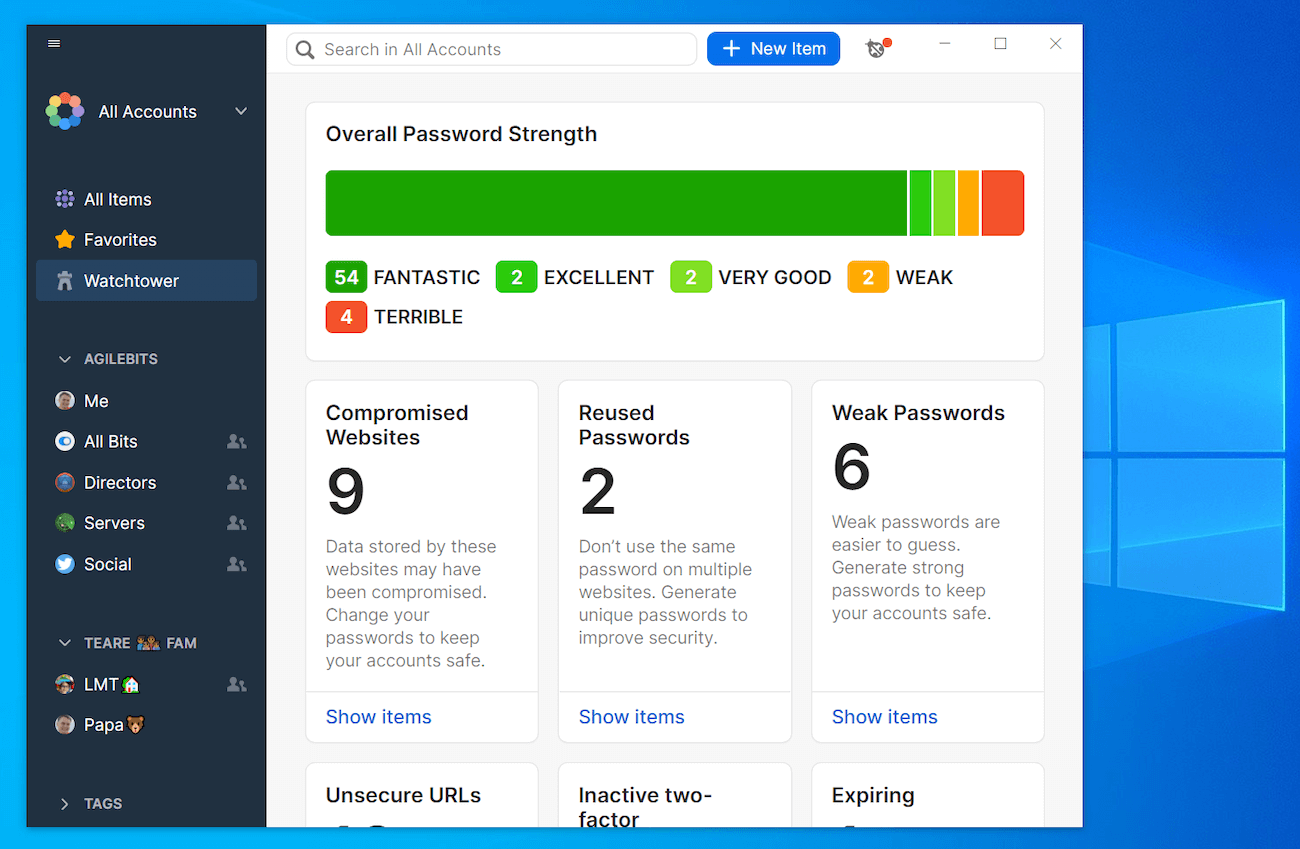 Watchtower Dashboard highlighting your password strength and which items need attention.