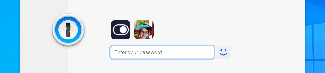 1Password lock screen showing multiple accounts and a button to activate Windows Hello