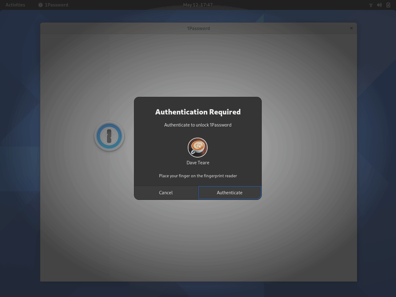 1Password authentication prompt running in Gnome desktop environment