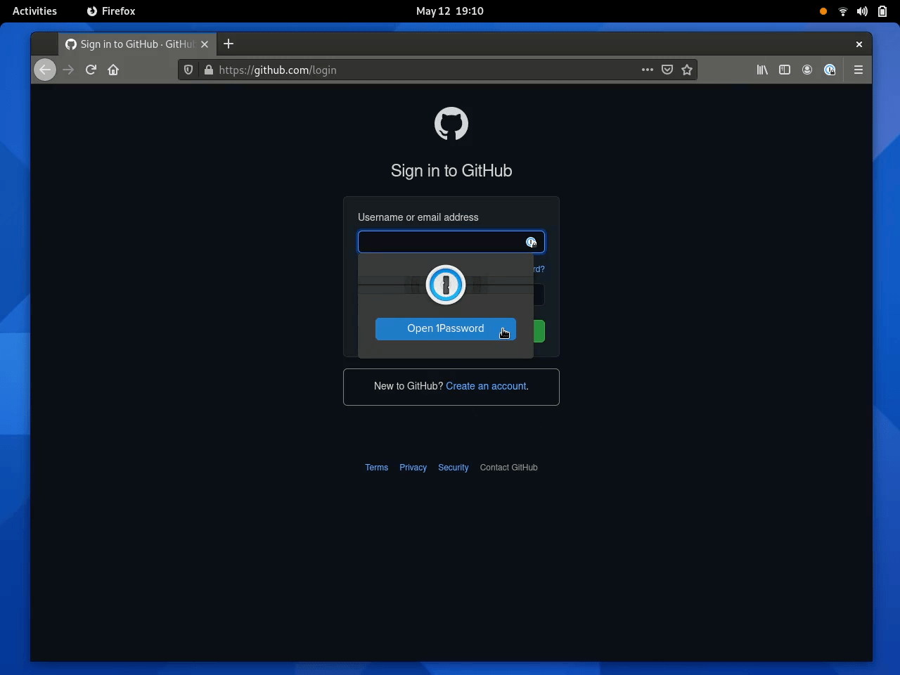 Gif showing 1Password being used in Firefox and unlocked via 1Password for Linux