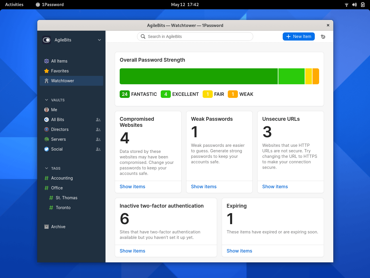 1Password Watchtower dashboard running in Gnome desktop environment