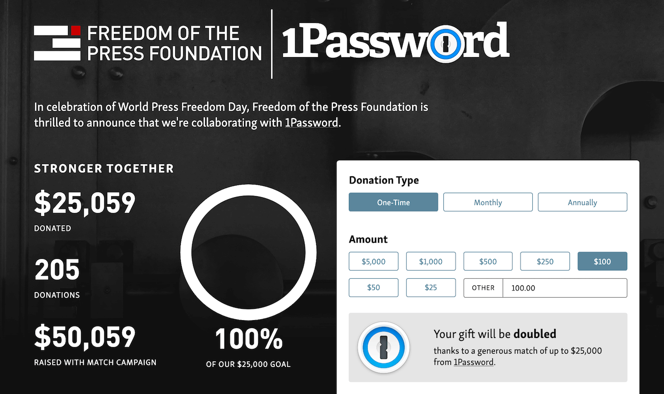 Screenshot showing total donations for Freedom of the Press Foundation