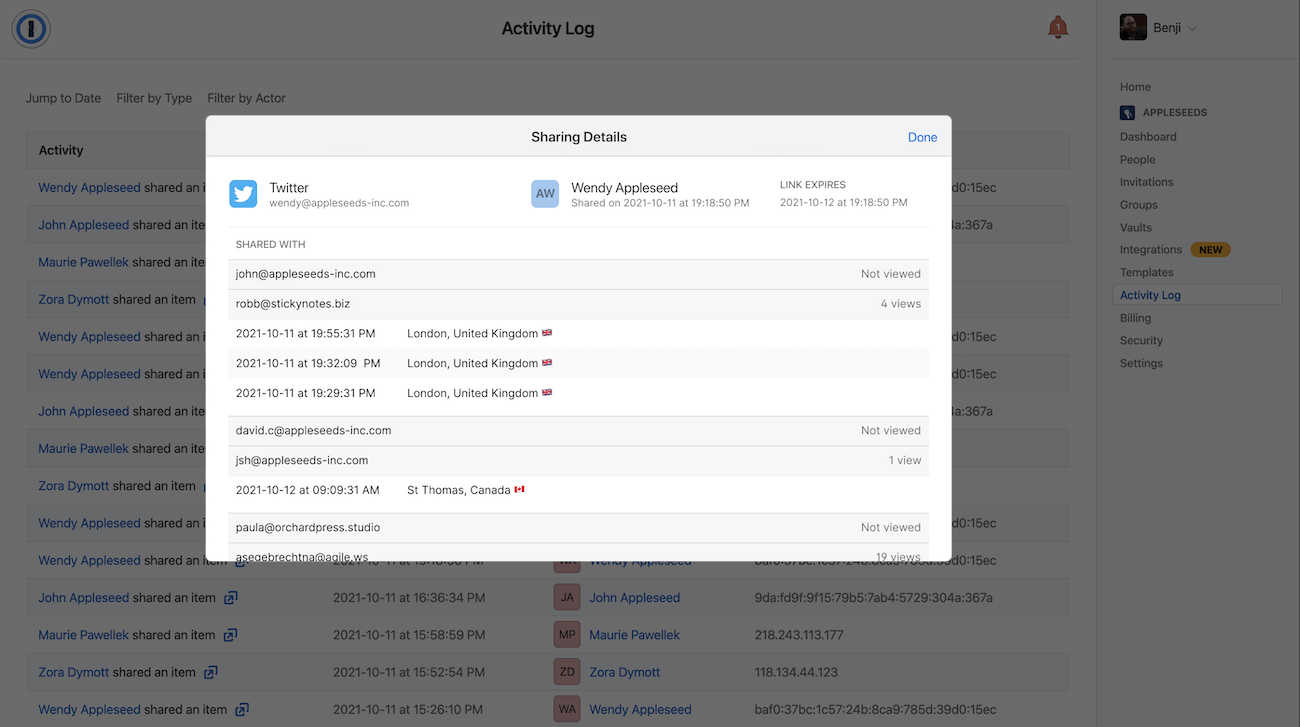 1Password Activity log item sharing details view 