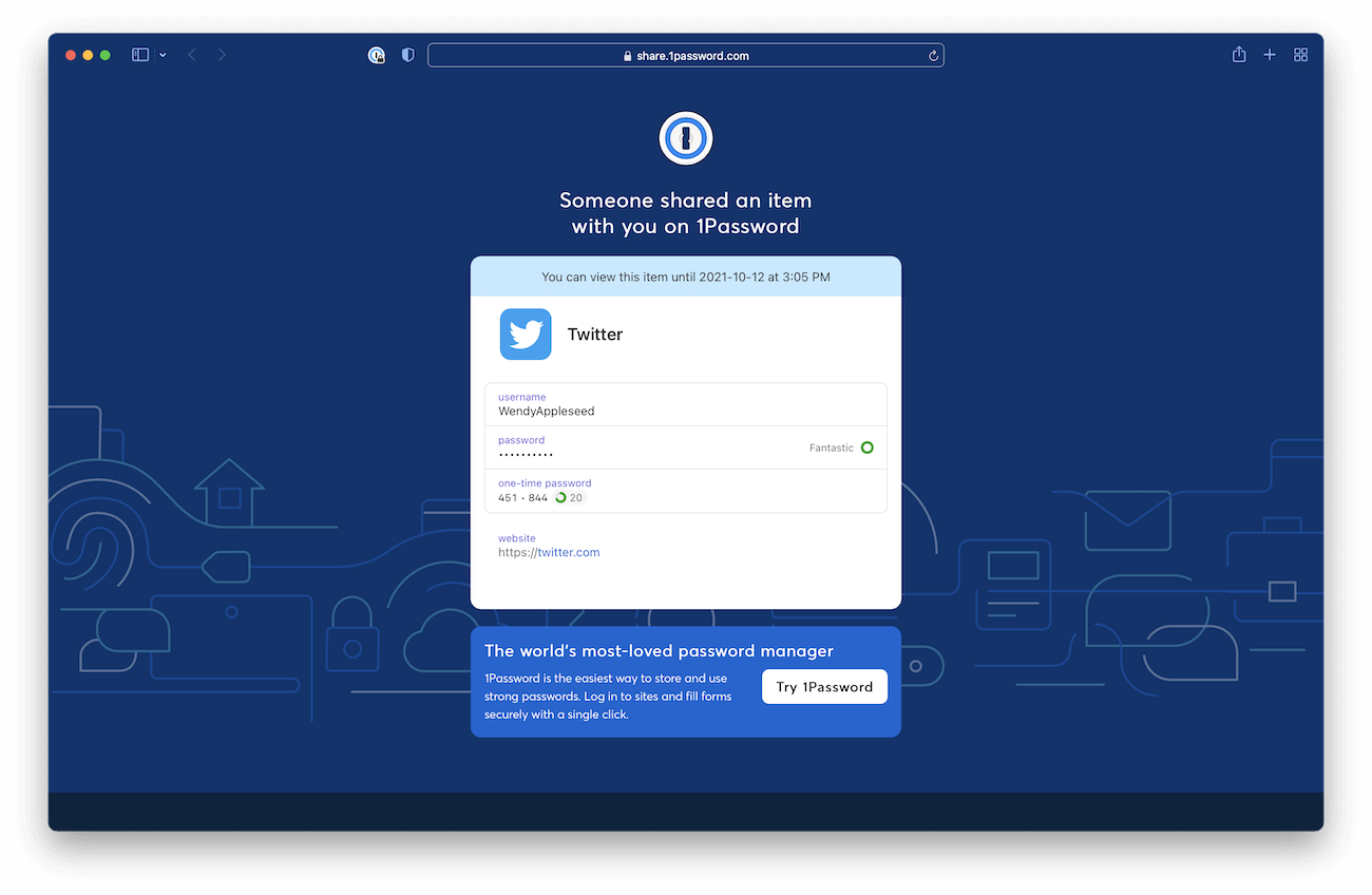Recipient web view of 1Password shared item