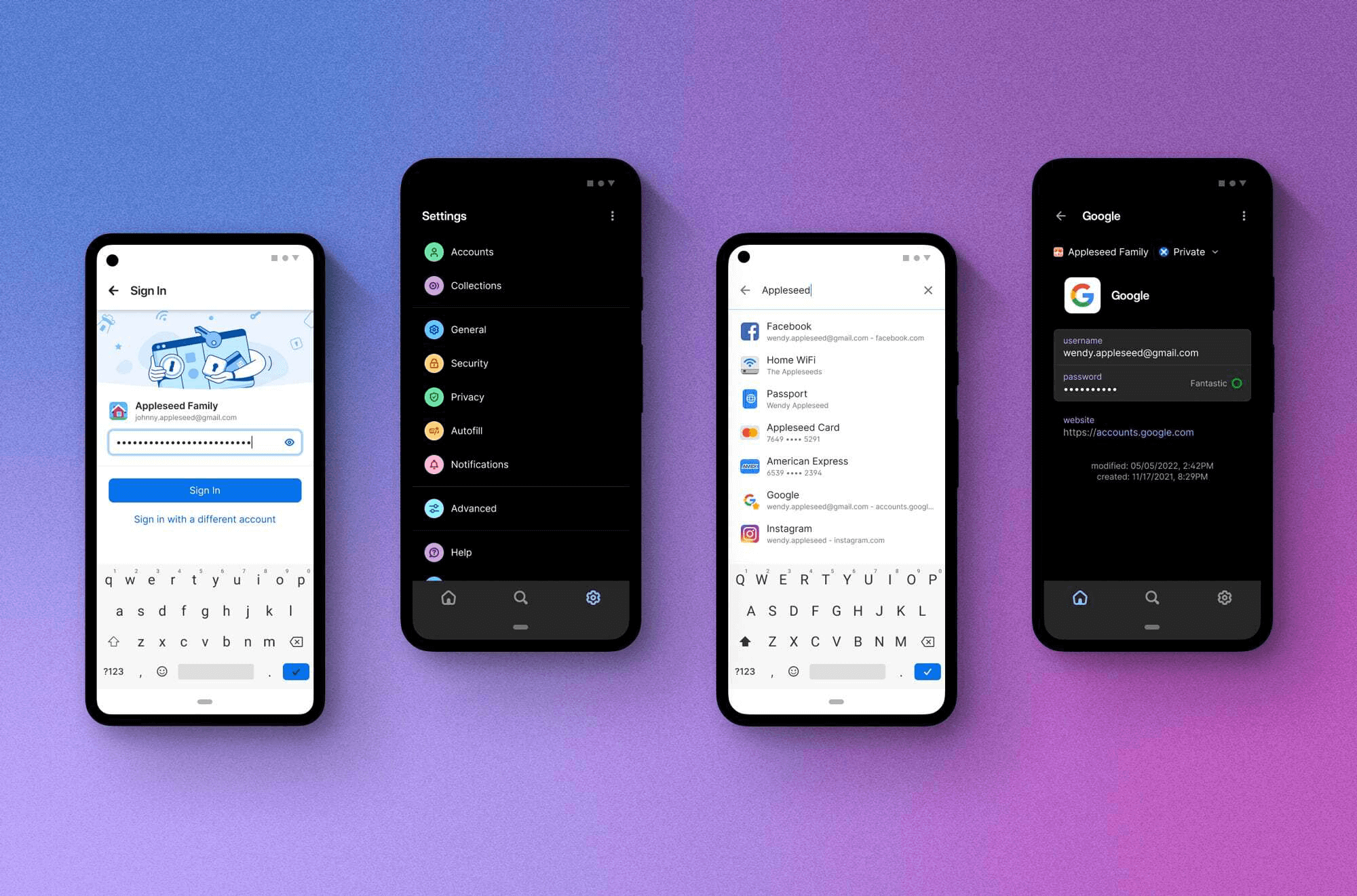 4 1Password 8 for Android screens displaying sign-in page and search functionality in light mode, and Settings screen and item entry for Google login in dark mode