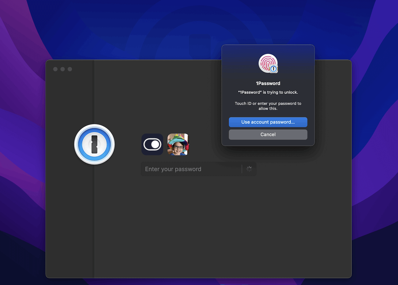 1Password lock window, with Touch ID activated.