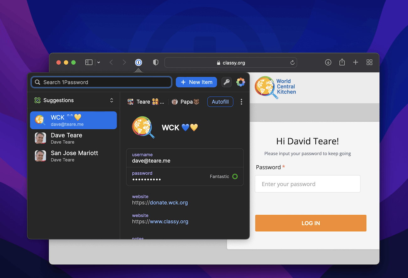 1Password in Safari with the lovely popup open revealing the login for World Central Kitchen, ready to be autofilled.