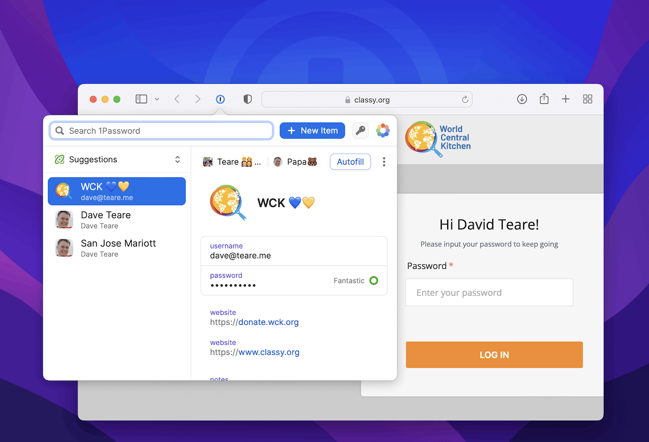 1Password in Safari with the lovely popup open revealing the login for World Central Kitchen, ready to be autofilled.