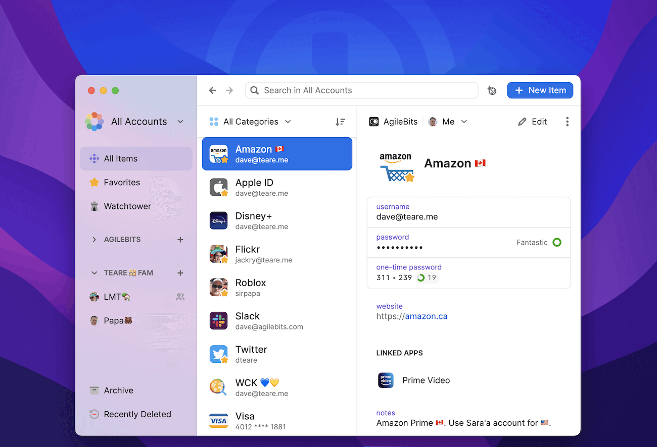 The main 1Password app, unlocked, revealing the gorgeous new design, including a new vibrant sidebar, item list, with my Amazon item details showing.