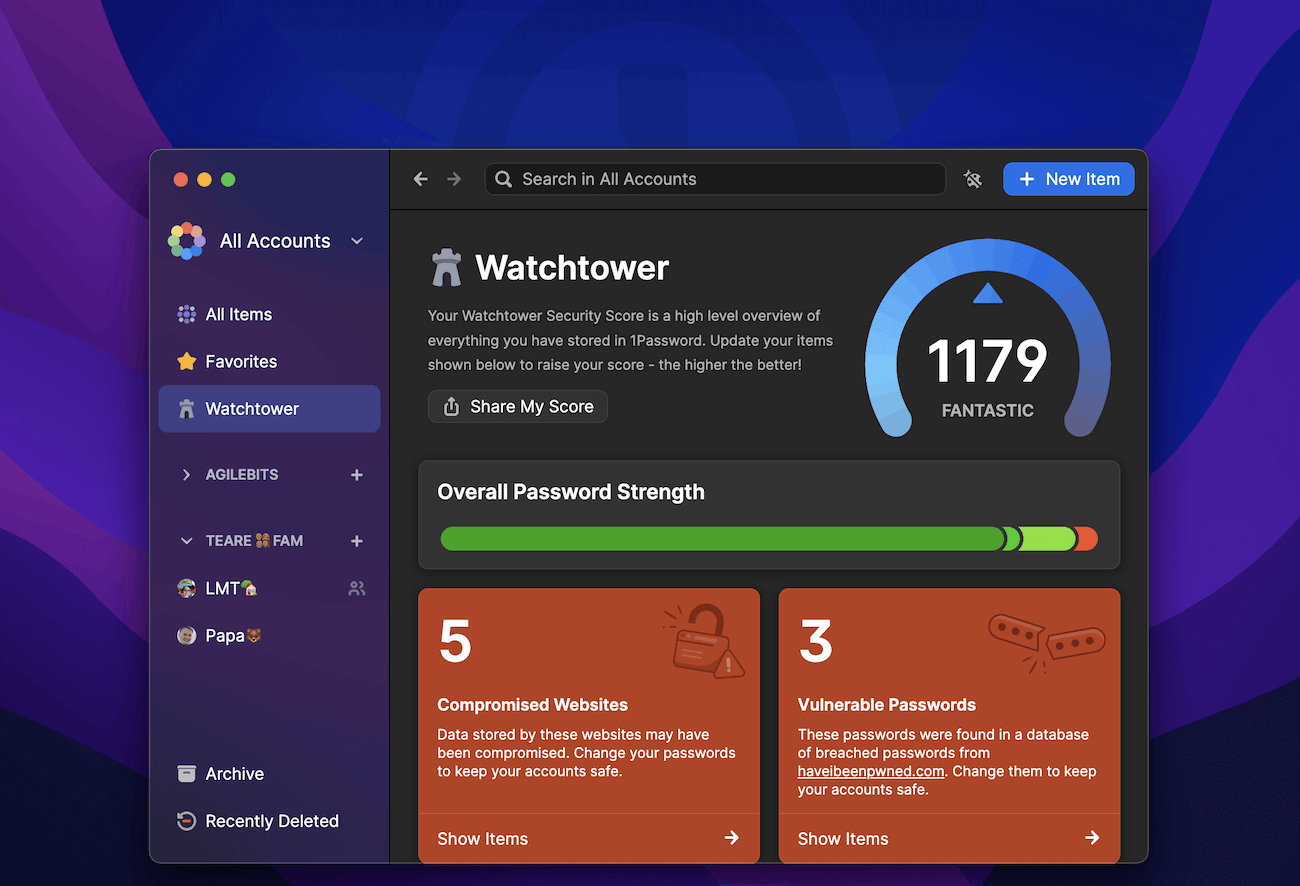1Password with the Watchtower Dashboard showing, including a Security Score and actions for improving your security health.