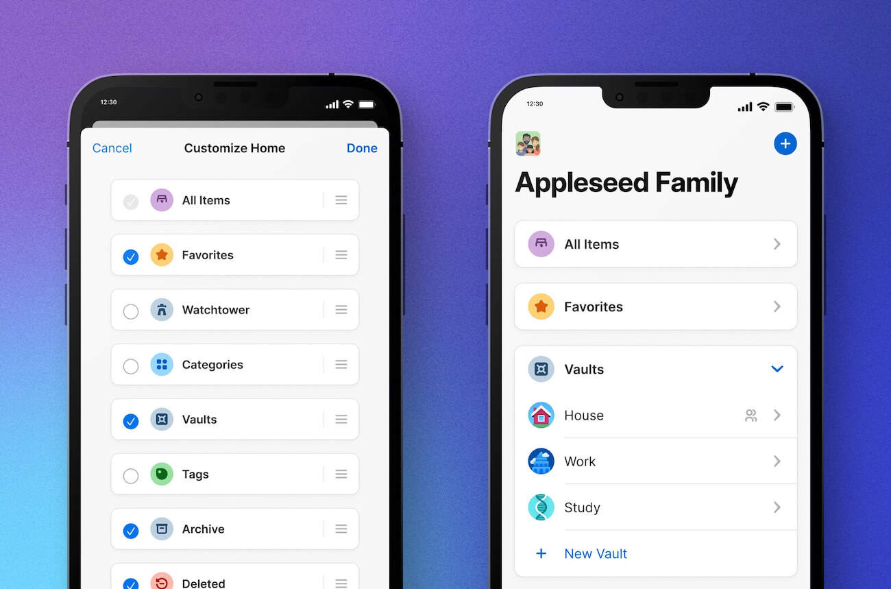 iPhones side-by-side displaying the “Customize Home” screen and finished Home tab with title: “Appleseed Family”