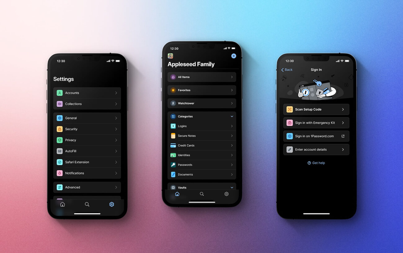 Three iPhones displaying 1Password 8 settings options, Home tab, and setup screen in dark mode