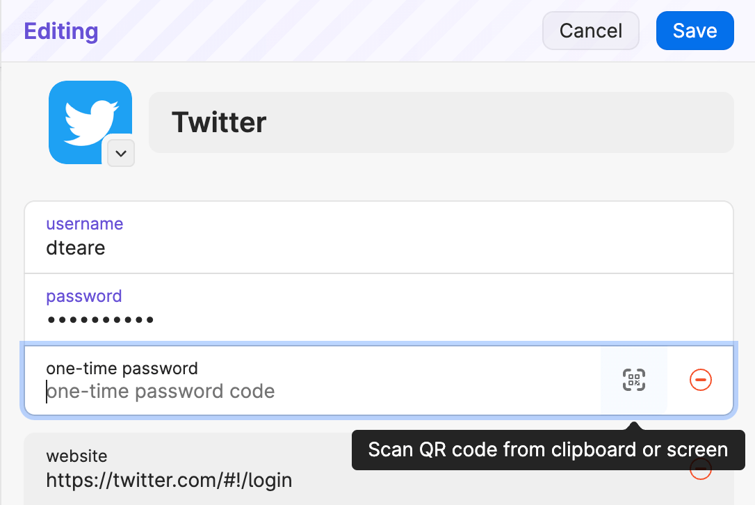 1Password item editing view with inline QR code scanning option